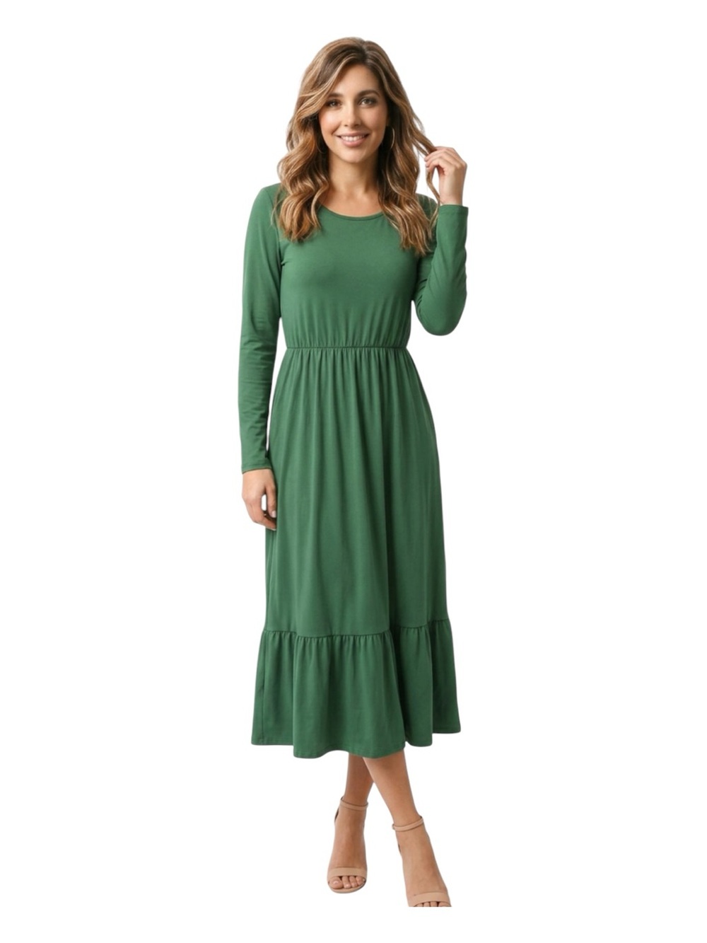 Long Sleeve Dress, Green, Ruffle bottom, side pockets, soft, stretchy size Med